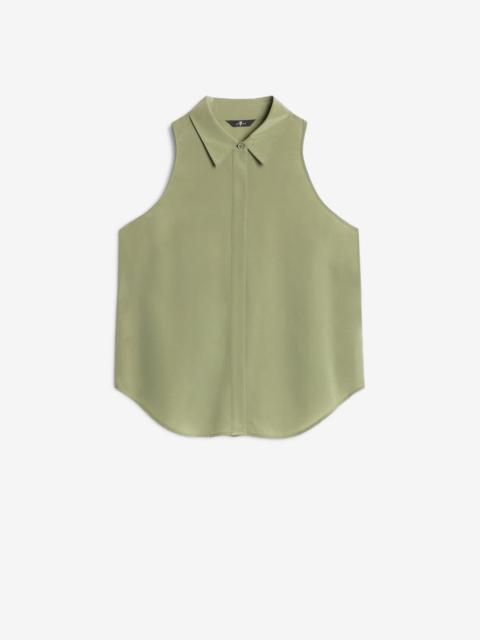 Sleeveless Silk Button Down in Army