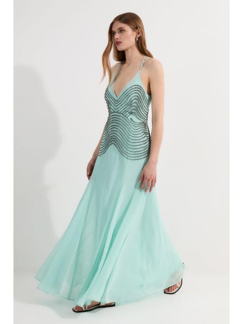 Embellished Geo Strappy Woven Maxi Dress
