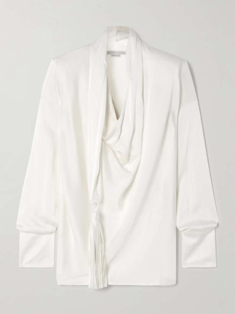 Tasseled draped satin-crepe blouse
