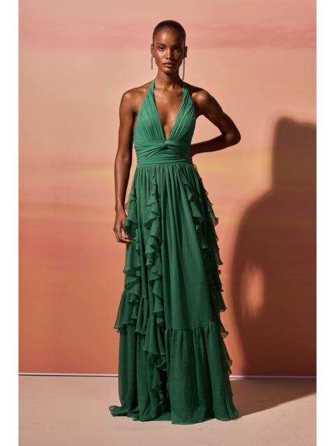 SILK PLISSE ESSENCE PLUNGE HALTERNECK GOWN