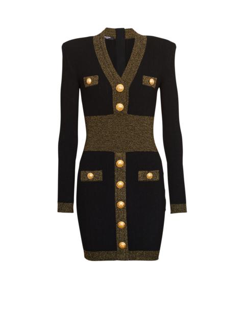 black and white dress with gold buttons Balmain Tartan knit flared short dress – Luisa World main image 0