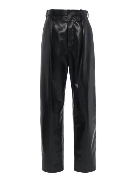 Pleated Leather Straight-Leg Pants black