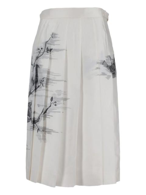 pleated bird-print midi skirt