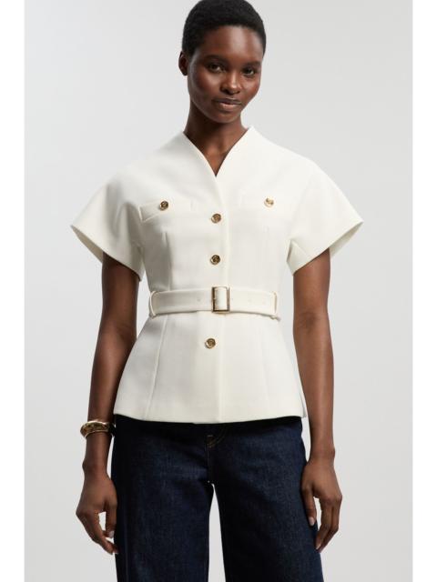 Textured Compact Stretch High Neck Belted Top
