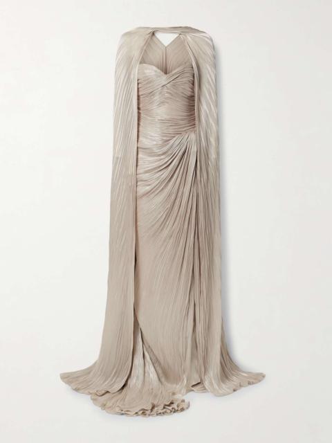 Strapless draped metallic plissé-silk gown and cape Taupe