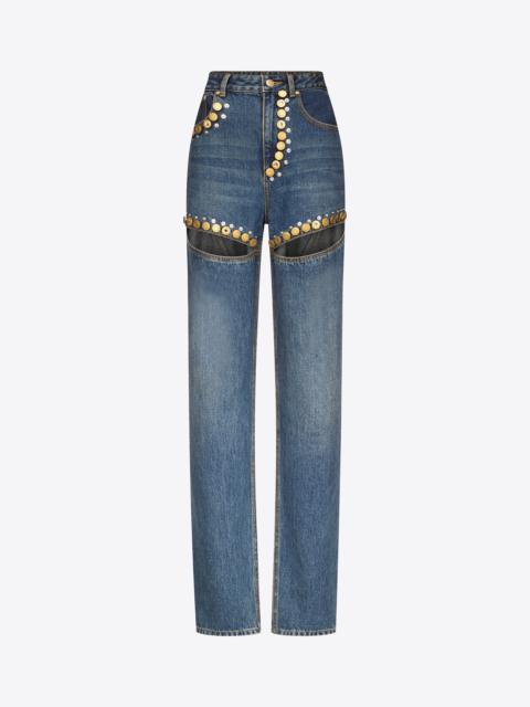 CRYSTAL BUTTON STUDDED SLIT JEAN