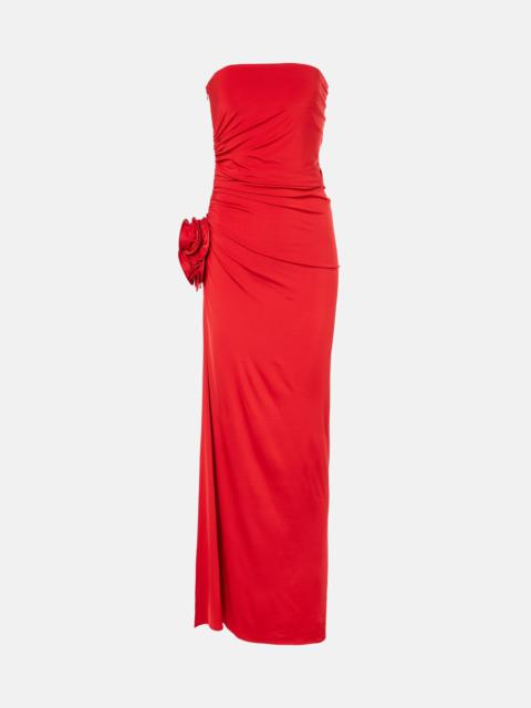 Floral-appliqué ruched jersey maxi dress