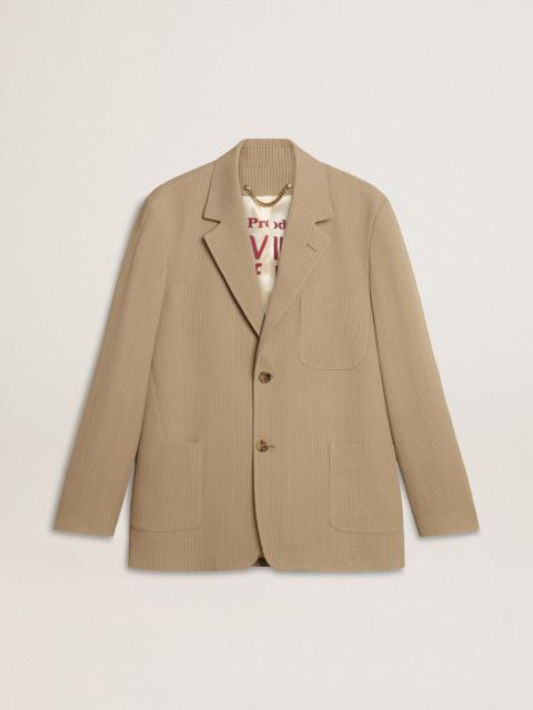Men's beige pinstripe single-breasted jacket with an oversized fit
