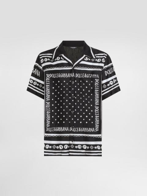 Printed silk and denim shirt