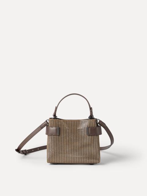 Essence small top-handle bag in sparkling leather net with monili