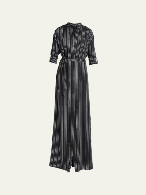 Striped Silk Long-Sleeve Belted Maxi Shirtdress