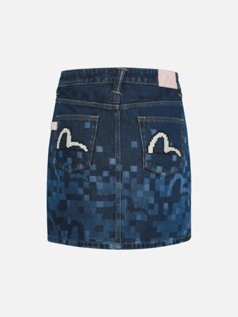 PIXEL SEAGULL EMBROIDERY AND PRINT REGULAR FIT DENIM SKIRT