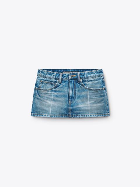 Vintage-Effect Marbled Blue Foldline Denim Skort