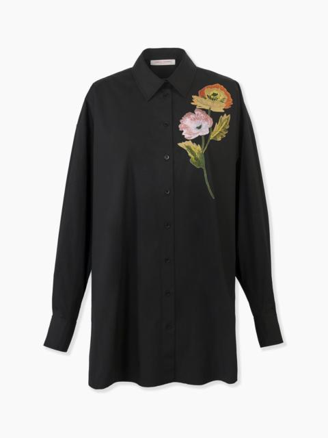 Floral-Embroidered Oversized Tie-Front Shirt