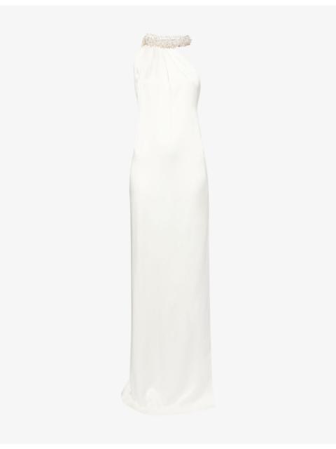 Embellished Halterneck Asymmetric Satin Dress