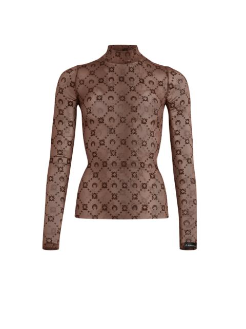 Moonogram Mesh Flock LS Highneck Top