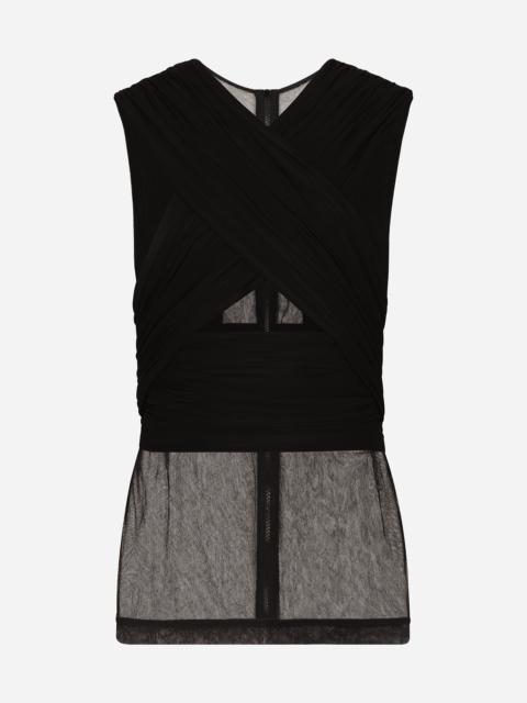 Stretch tulle T-shirt with draping