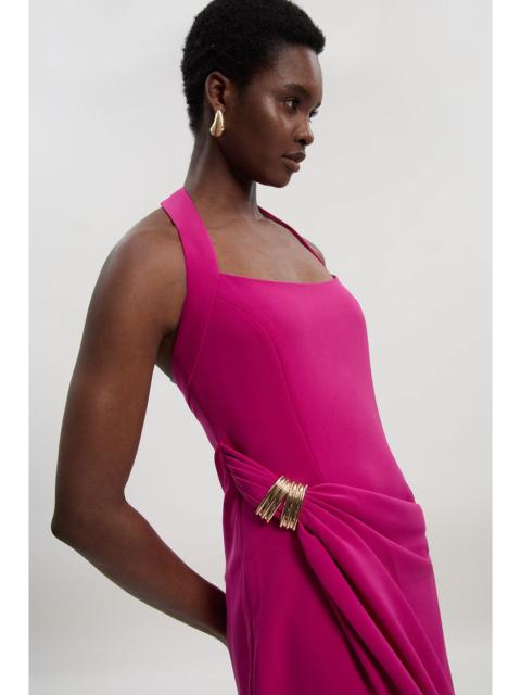 Polished Tailored Halter Neck Gathered Midi Dress