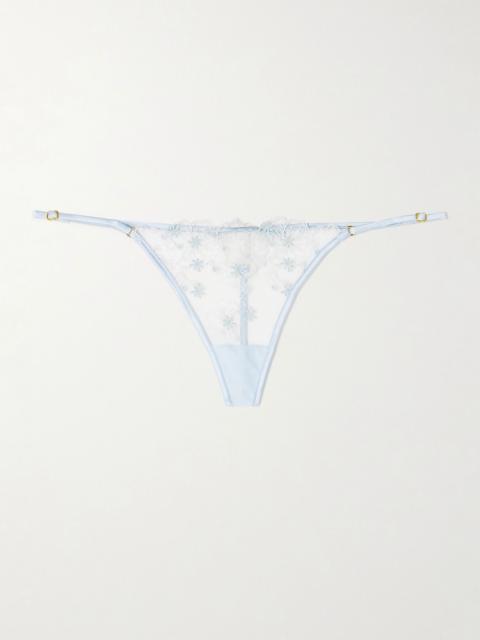 Mathilde silk-blend satin-trimmed embroidered tulle thong Ivory
