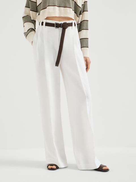 Viscose and linen fluid twill wide trousers with monili