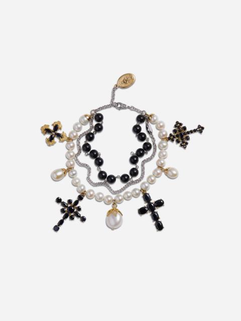 Yellow and white gold family bracelet with cblack sapphire, pearl and black jade beads