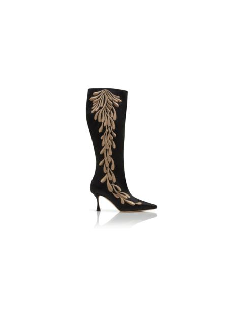 Black and Gold Satin Knee High Boots