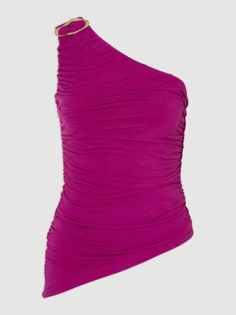 One Shoulder Drapey Crepe Trim Detail Ruched Top