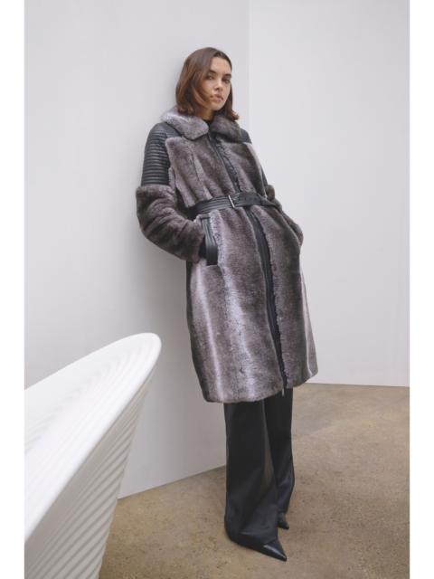 Faux Fur & Faux Leather Panelled Biker Belted Long Coat