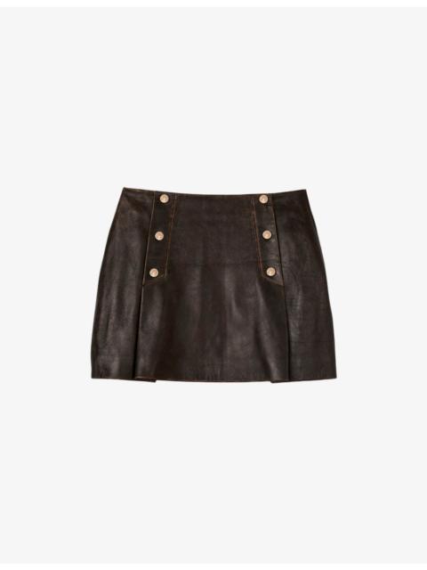 Aged Double-Breasted Leather Mini Skirt