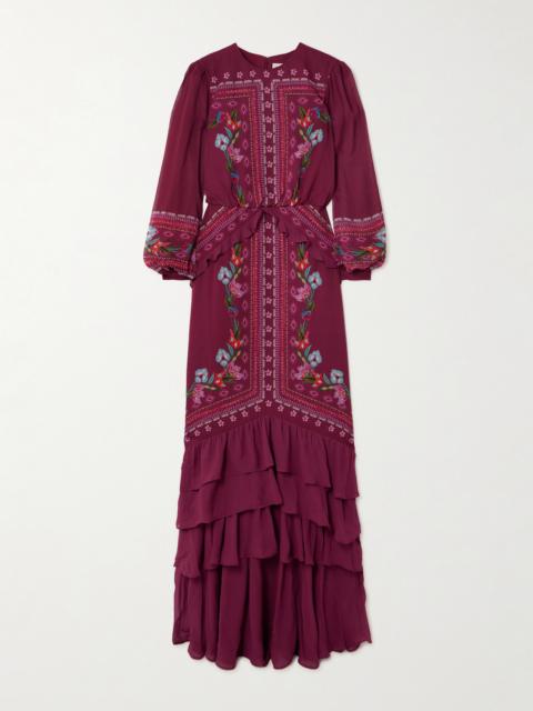 Isa Long-c Ruffled Floral-print Silk Crepe De Chine Gown