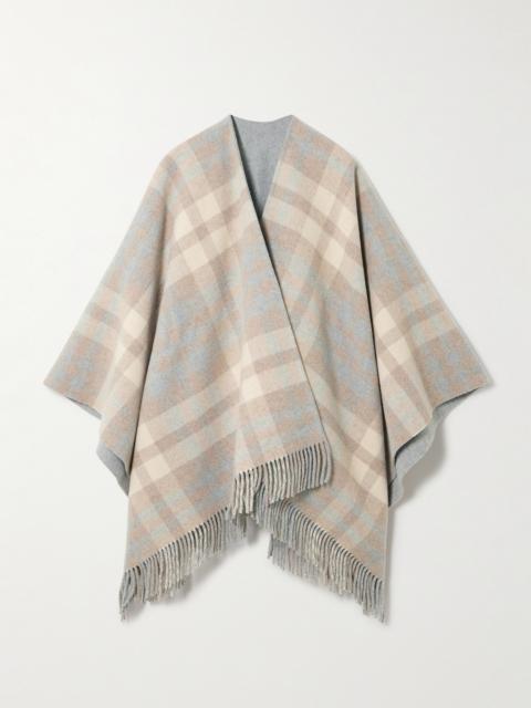 Reversible Fringed Checked Wool Cape