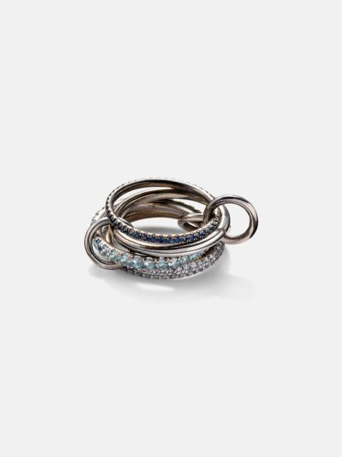 Iris sterling silver linked ring with sapphires, aquamarine and tanzanite