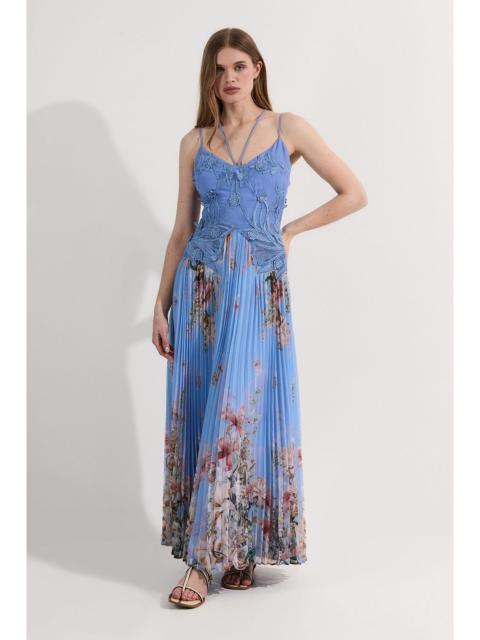 Floral Applique Lace Pleated Strappy Maxi Dress