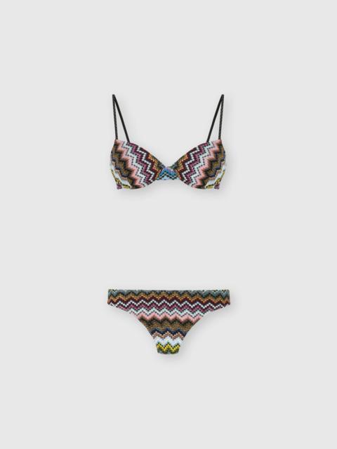 Balcony bikini in lamé viscose with zigzag pixel-effect pattern