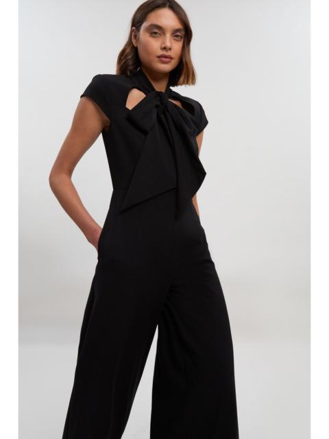 Compact Stretch Bow Tie Neck Tailored Wide Leg Jumpsuit