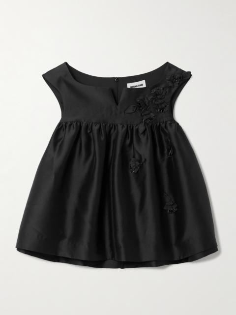 Gathered Appliquéd Bead-embellished Crepe Top