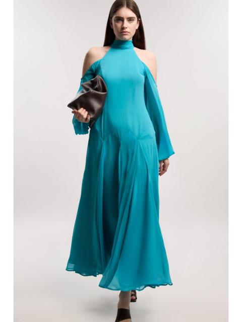 Crinkle Georgette High Neck Cold Shoulder Woven Maxi Dress