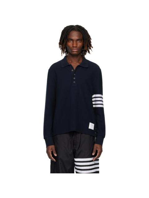 Navy Textured Pique 4-Bar Long Sleeve Polo