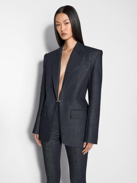 pierced tailored raw denim jacket