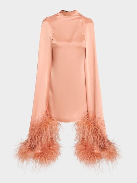 Feather Trim Satin Cape Sleeve Mini Dress