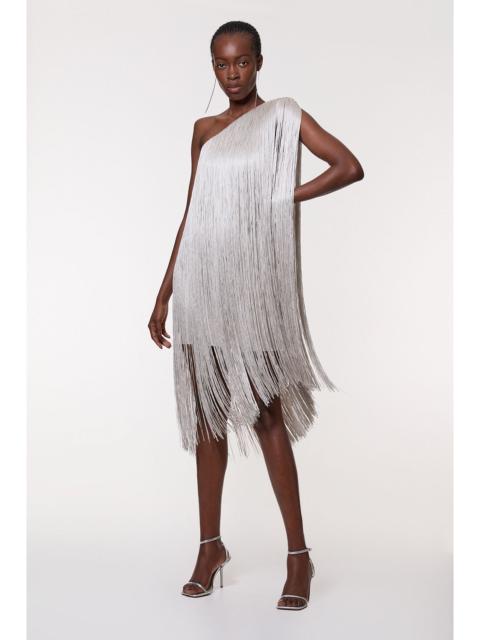 Petite Figure Form Bandage One Shoulder Fringe Mini Knit Dress