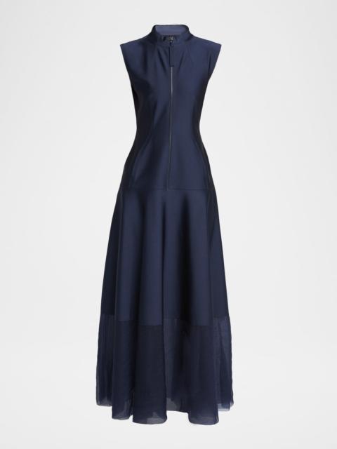 Sleeveless Sheer Tiered Zip Maxi Dress