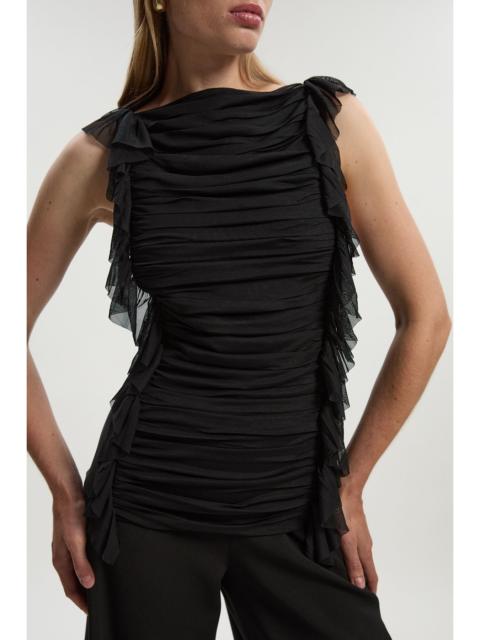 Bandage Mesh Gathered Ruffle Knit Top