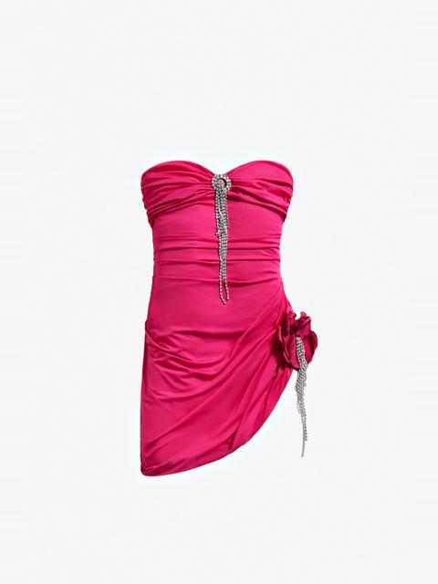 CRYSTAL FLOWER DRAPED STRAPLESS MINI DRESS