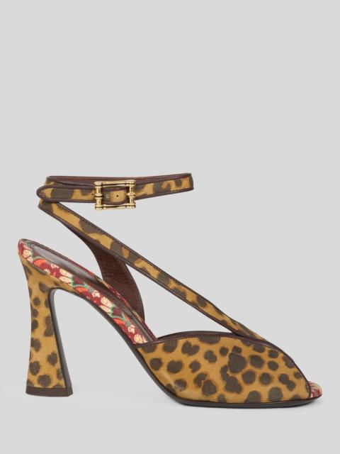 HIGH-HEELED SUEDE SANDALS WITH ANIMAL MOTIF