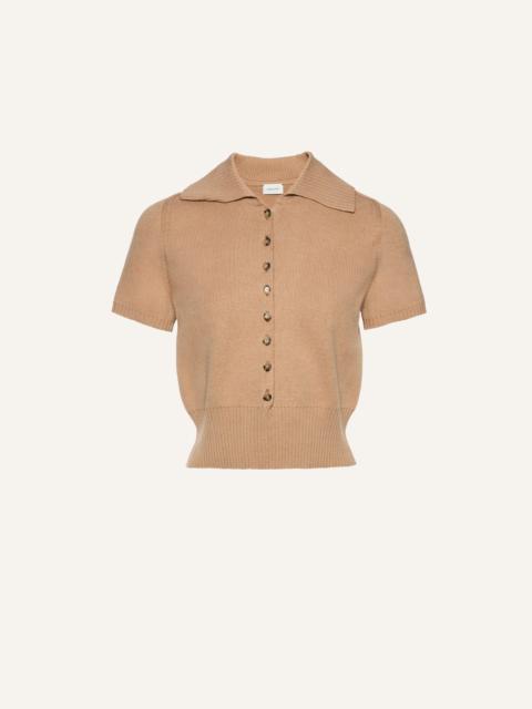 Short-sleeve buttoned cropped sweater in beige