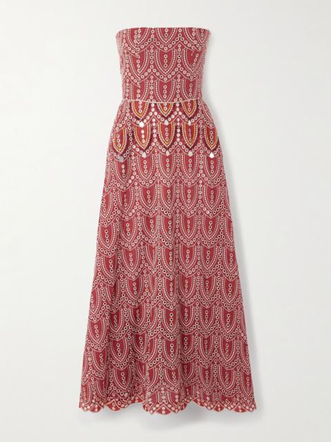 Bengala strapless embellished broderie anglaise maxi dress Red