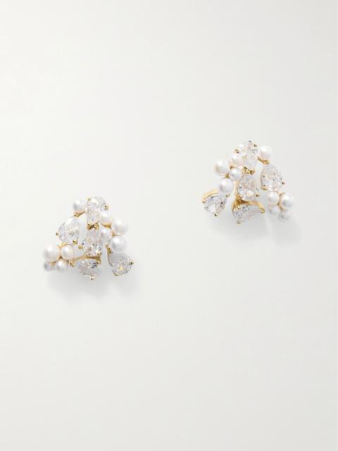 Gold-plated recycled silver, cubic zirconia and pearl earrings White