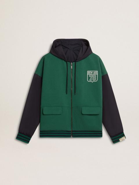 Men's green and blue reversible hooded sweatshirt