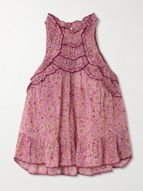 Carlee Ruffled Embroidered Floral-print Cotton-voile Top